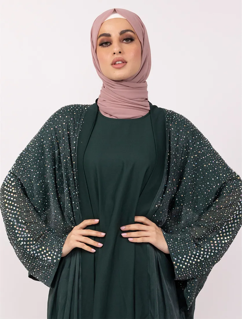 Green Sparkle Crystal Embellished Sheer Overlay Abaya